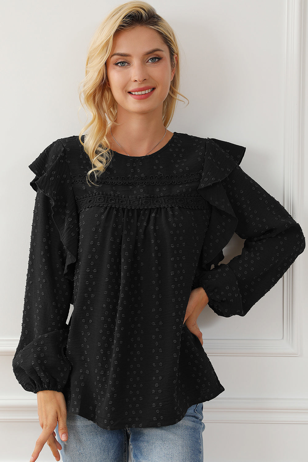 Black Lace Eyelet Ruffle Shoulder Long Sleeve Blouse