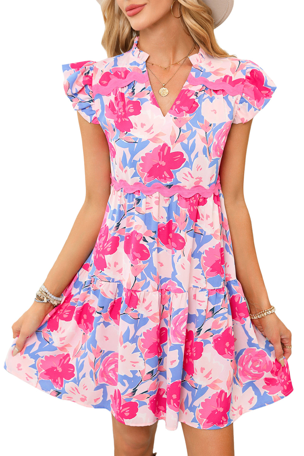 Pink Floral Printed V Notched Ric Rac Flutter Sleeve Dress