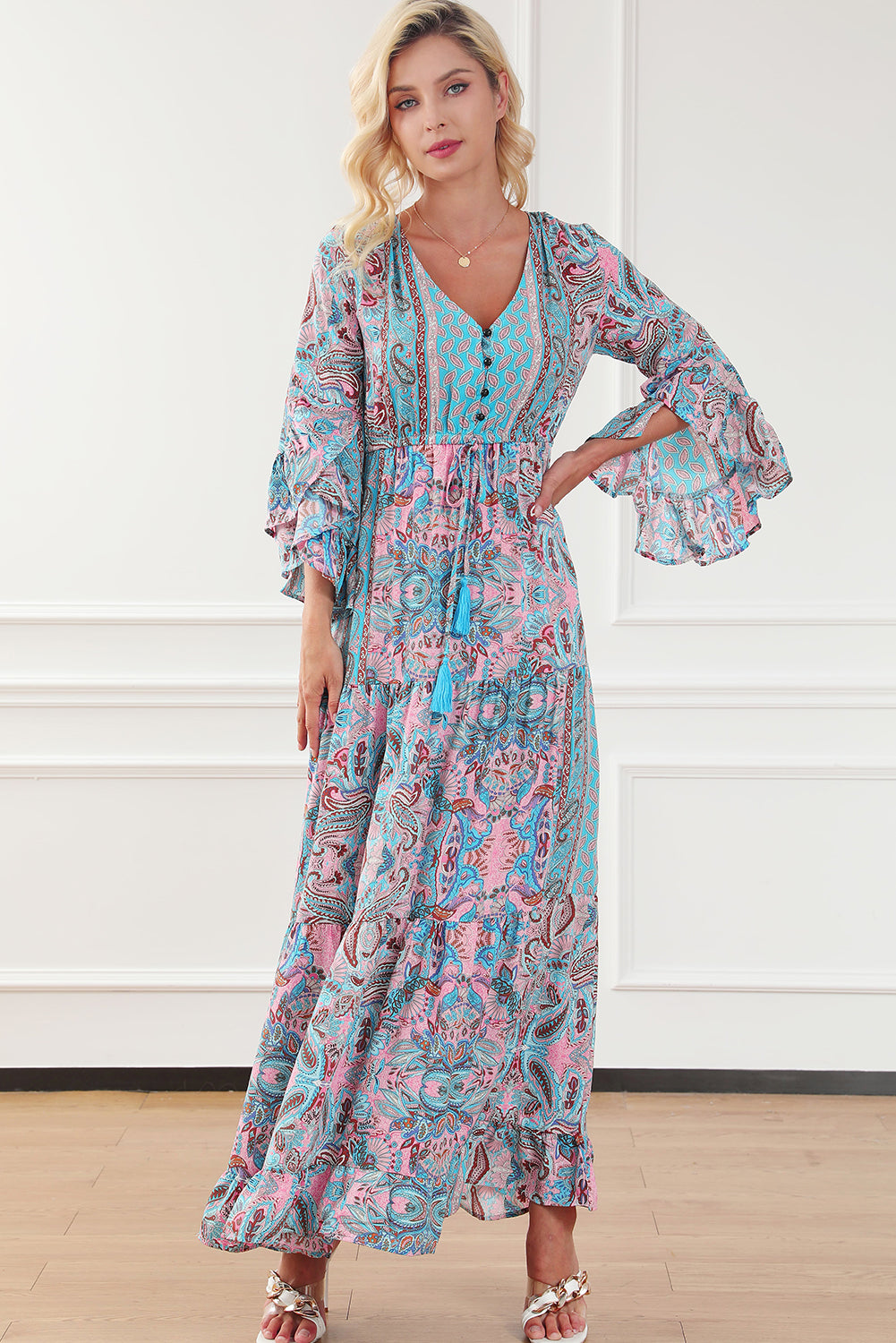 Paisley Printed Ruffle Trim Elegant Maxi Dress