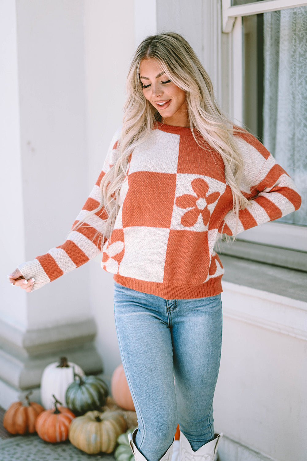 Brown Checkered Floral Print Striped Sleeve Sweater