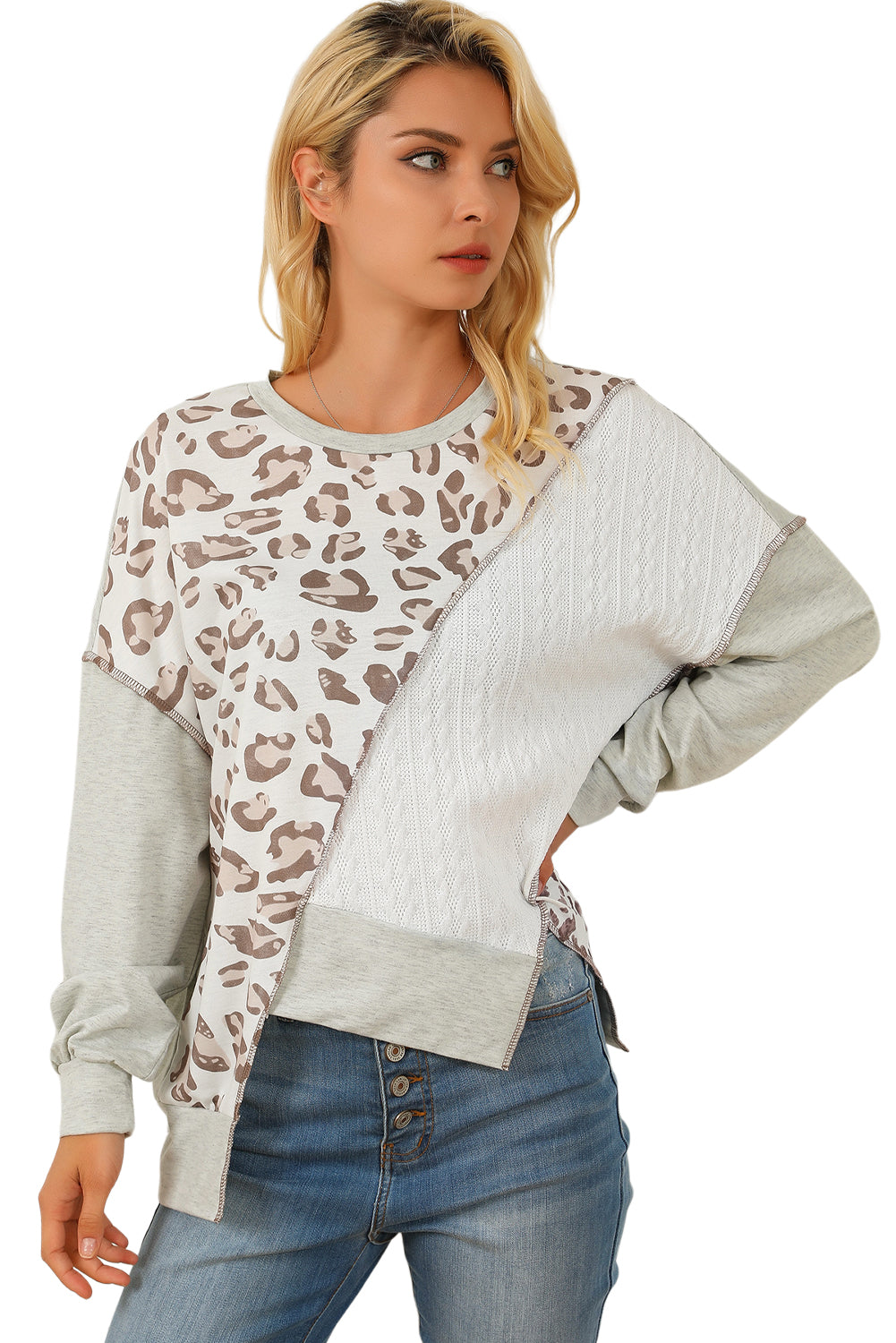 Asymmetrical Leopard Texture Splicing Loose Sweatshirt