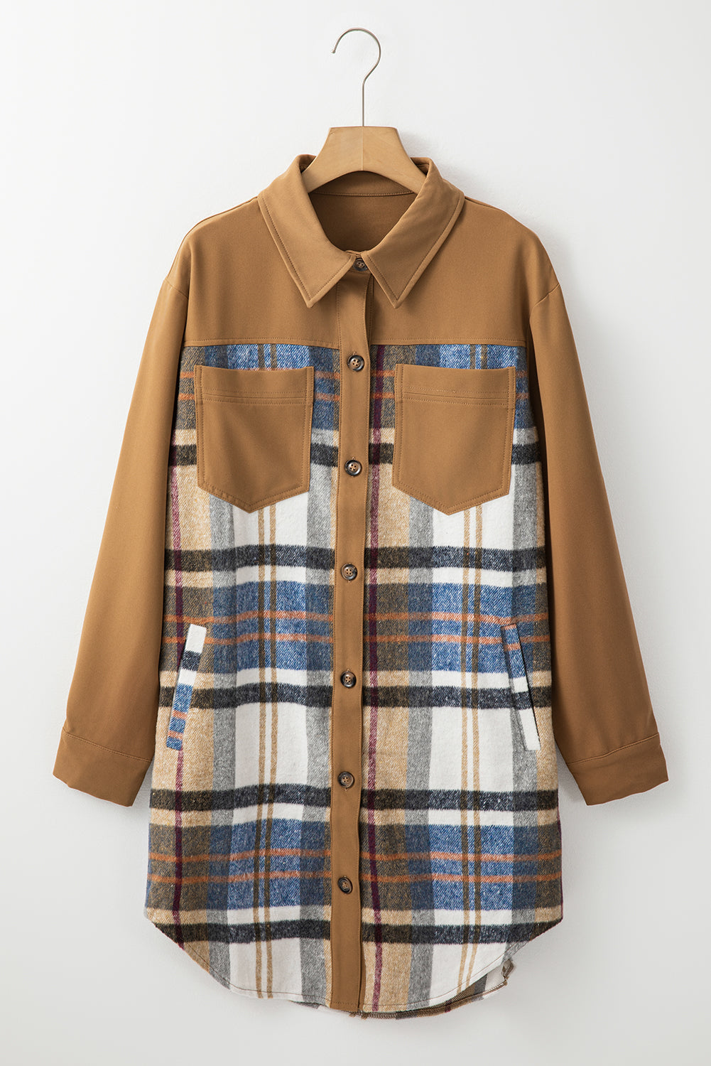 Khaki Plaid Patchwork Long Sleeve Shirt Mini Dress