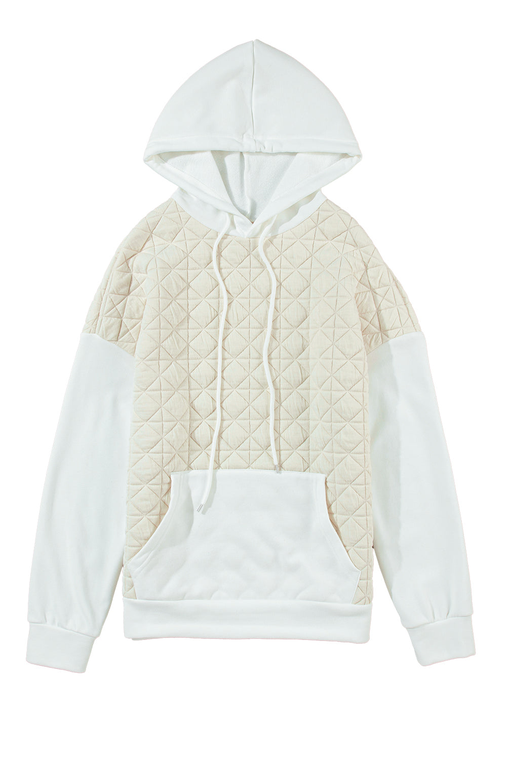 Beige Drop Shoulder Quilted Patchwork Kangaroo Pocket Hoodie