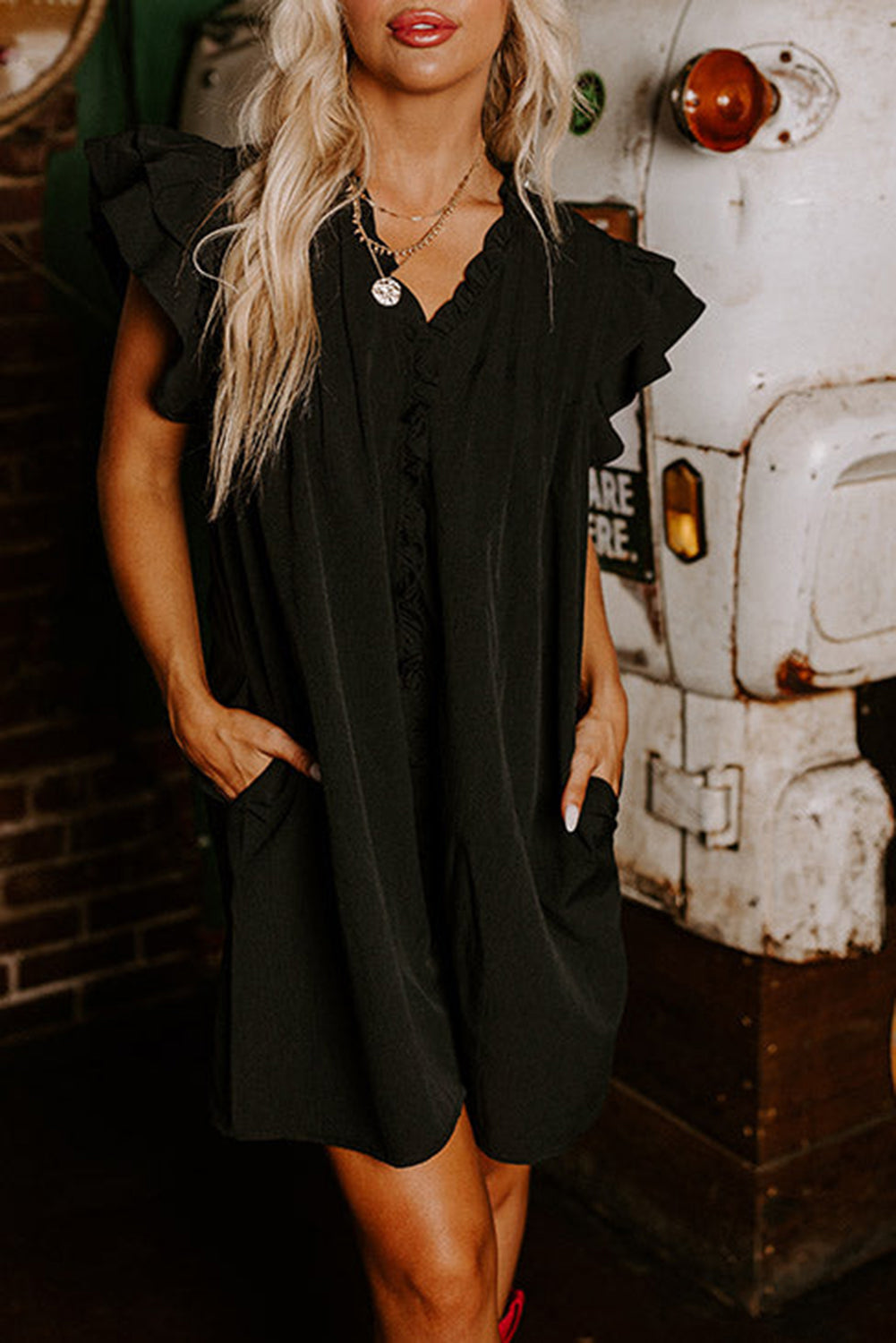 Black Ruffle Sleeve V Neck Frilled Shift Dress