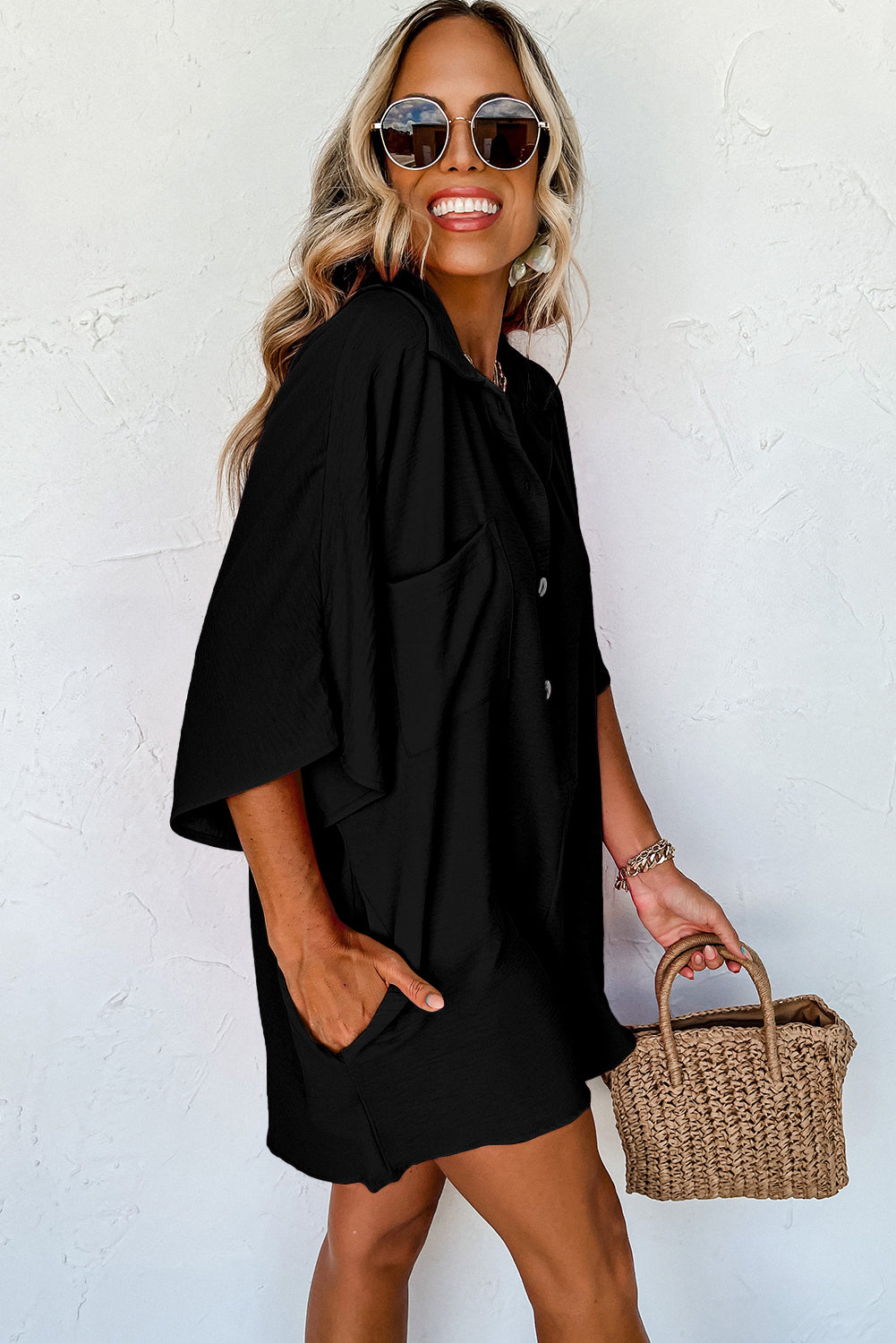 Black Half Button Collared Loose Romper