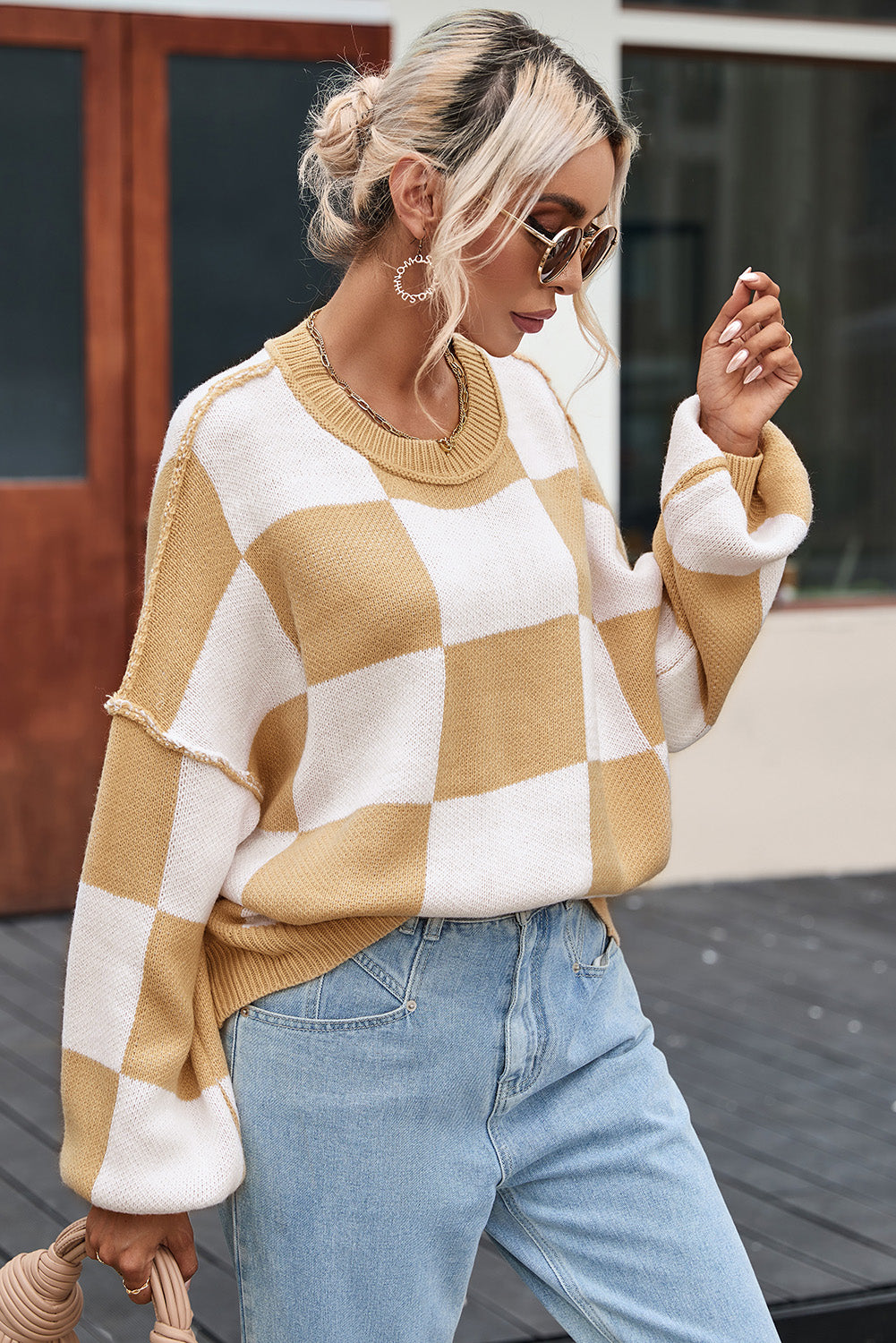 Khaki Checkered Bishop Sleeve Sweater