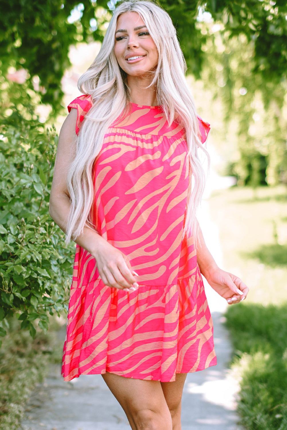 Pink Zebra Stripe Printed Ruffle Trim Pocketed Dress