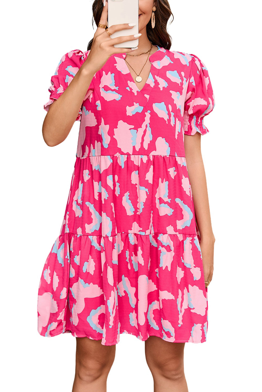 Pink Abstract Printed Puff Short Sleeve Tiered Loose Dress