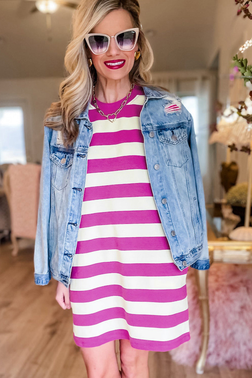 Rose Stripe Cap Sleeve Pocketed Shift T-shirt Dress