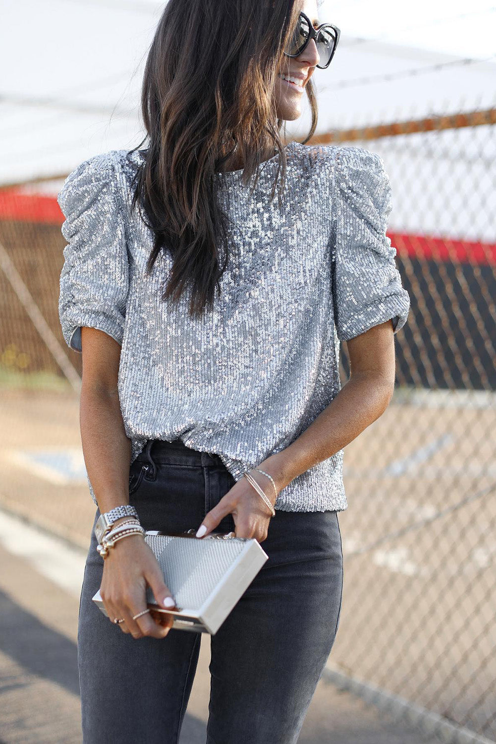 Silvery Short Ruched Puff Sleeve Sequin Top