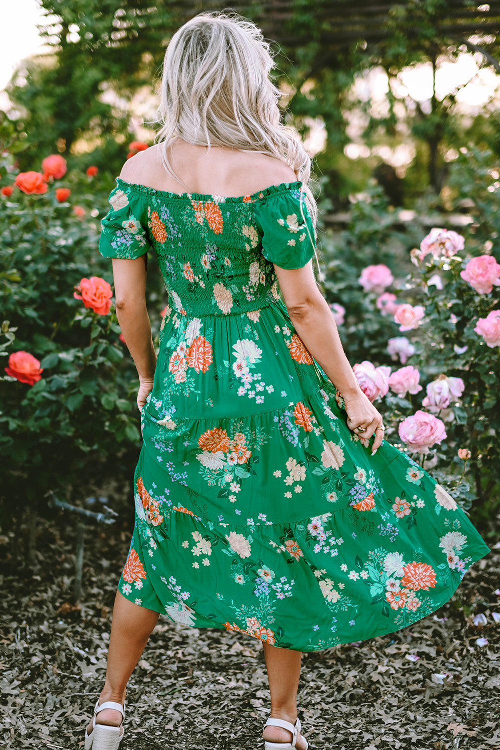 Green Floral Print Bubble Sleeve Smocked Tiered Midi Dress