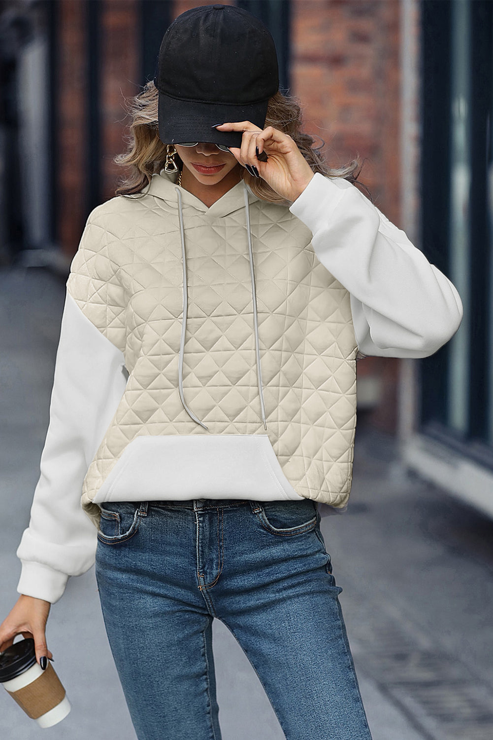 Beige Drop Shoulder Quilted Patchwork Kangaroo Pocket Hoodie