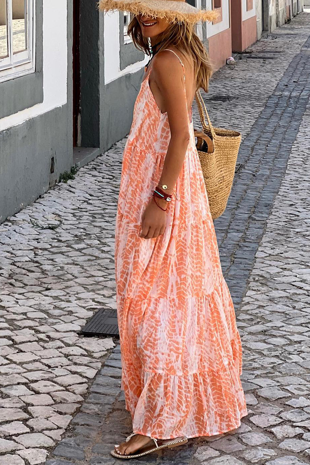 Orange Abstract Print Spaghetti Straps Backless Tiered Maxi Dress