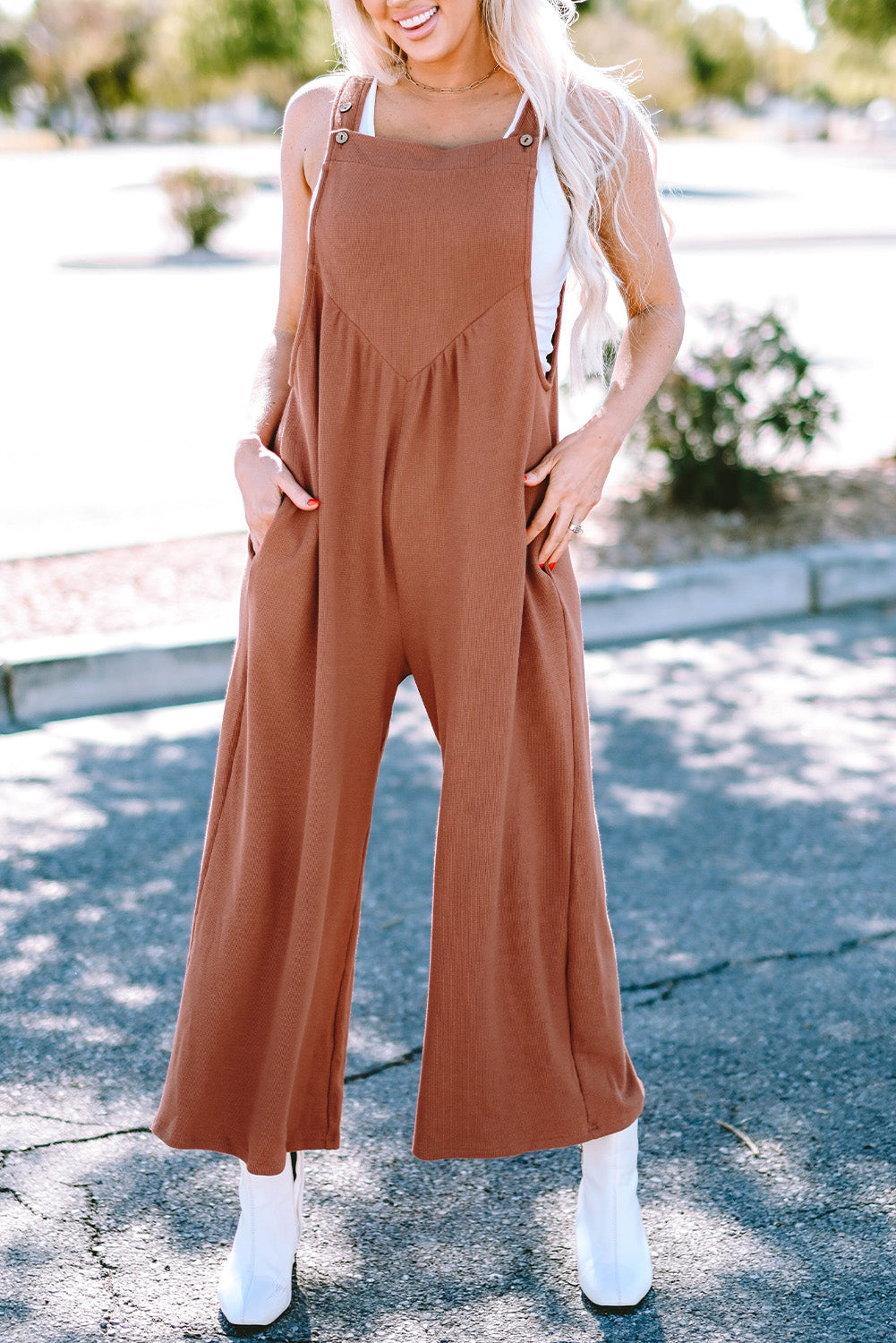 Gold Flame Textured Buttoned Straps Ruched Wide Leg Jumpsuit