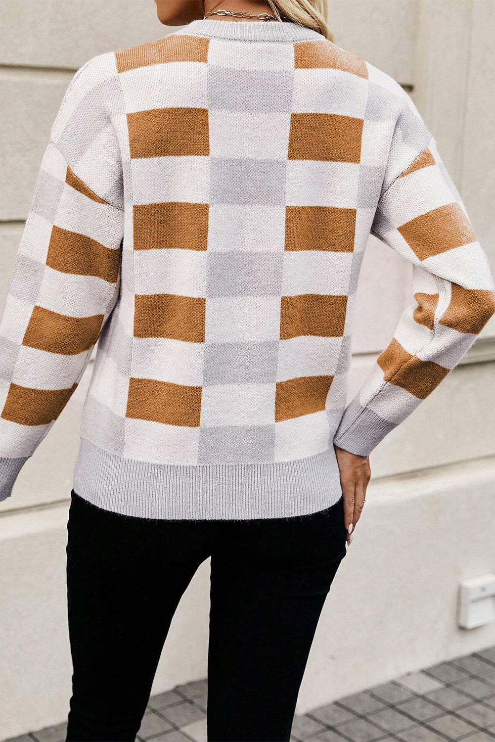 Khaki Checkered Ribbed Edge O Neck Drop Shoulder Sweater