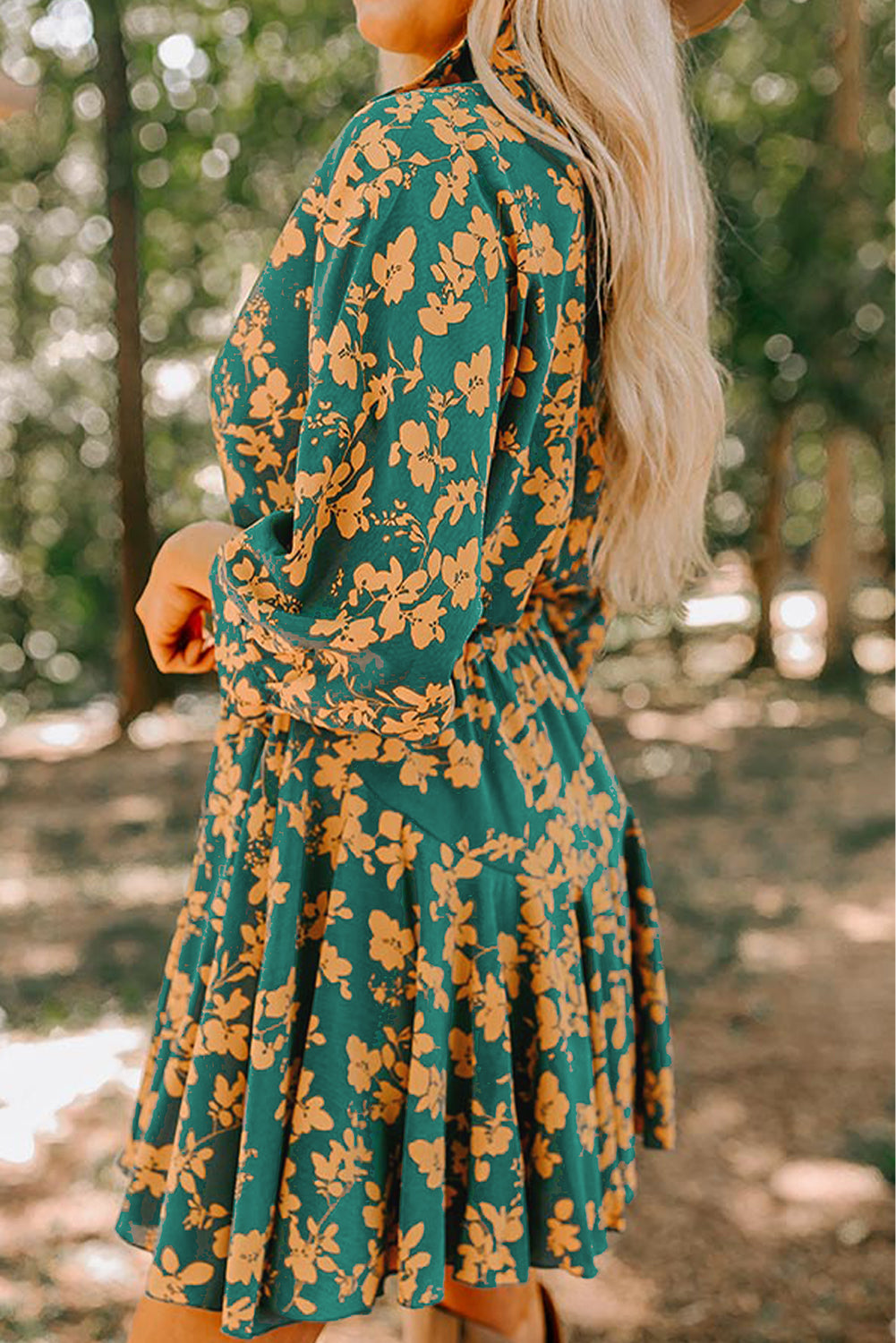 Green Floral Print Drawstring Tunic Flowy Short Dress