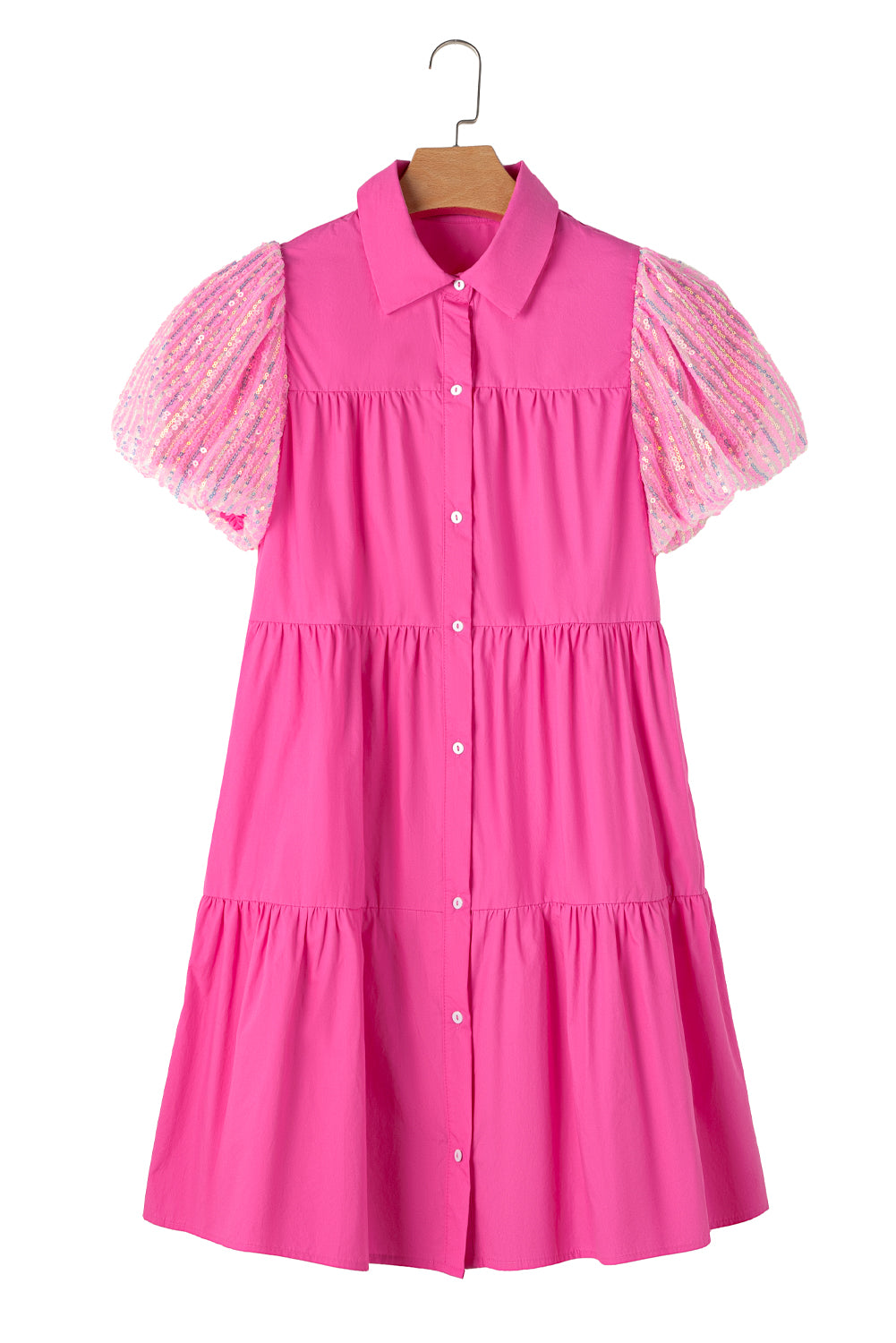 Bonbon Sequined Bubble Sleeve Tiered Ruffled Shirt Dress