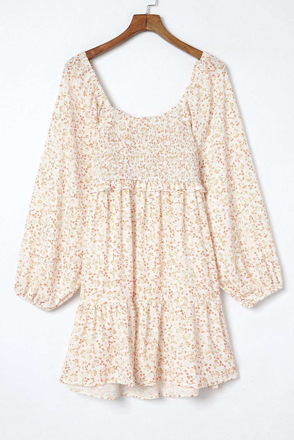 Apricot Boho Floral Smocked Puff Sleeve Mini Dress