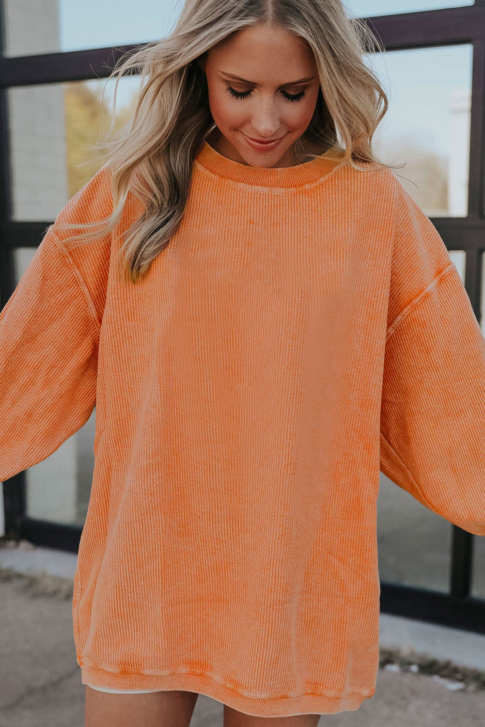 Orange Ribbed Corduroy Oversized Sweatshirt