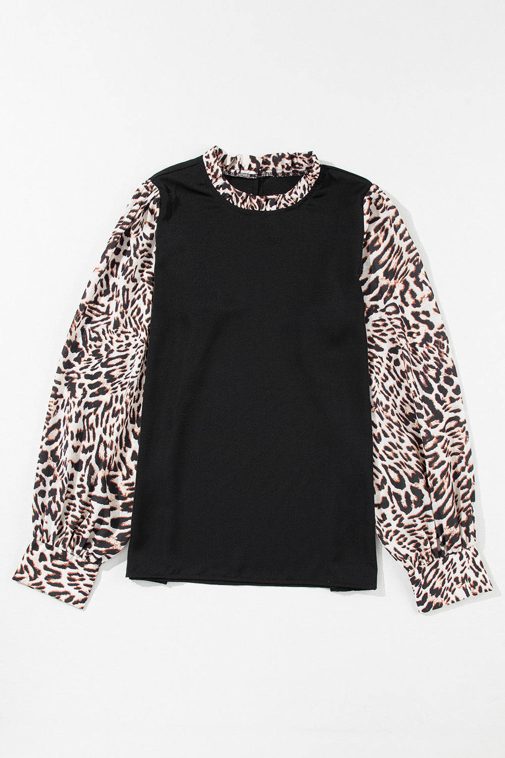 Black Contrast Leopard Print Lantern Sleeve Blouse