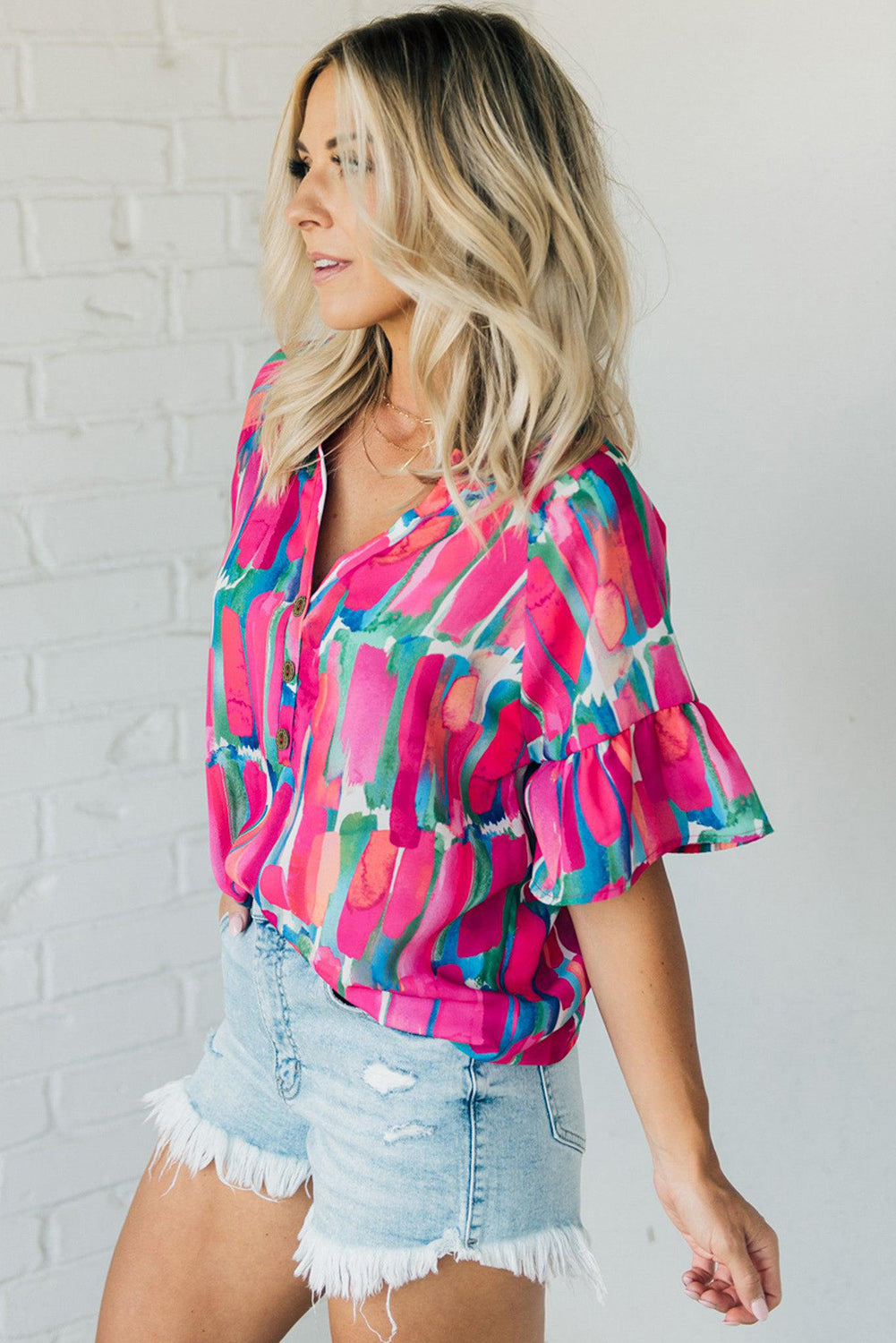 Rose Abstract Brushwork Print Buttoned V Neck Blouse