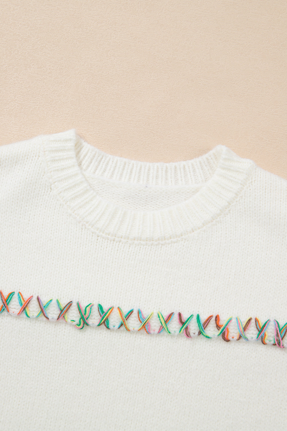 White Colorful Crossed Stitch Drop Shoulder Sweater