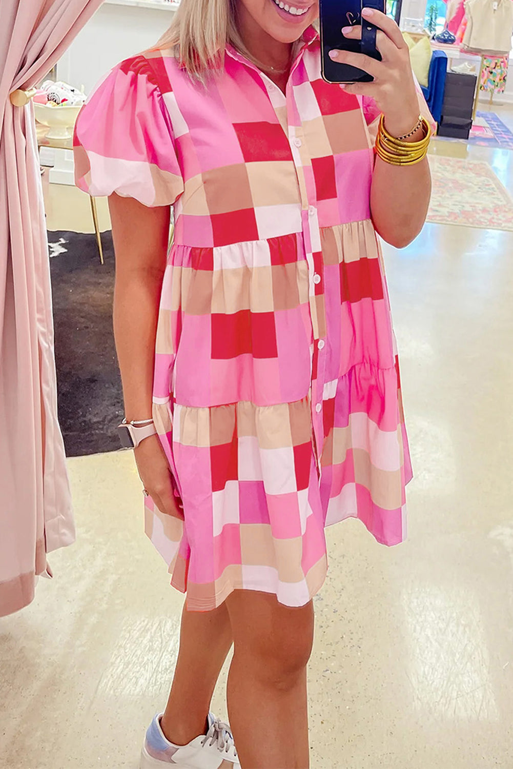 Pink Plaid Print Puff Sleeve Buttoned Tiered Dress