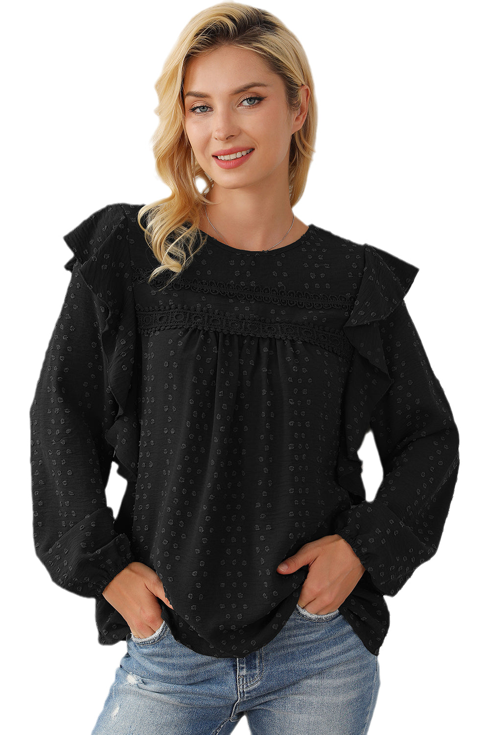 Black Lace Eyelet Ruffle Shoulder Long Sleeve Blouse