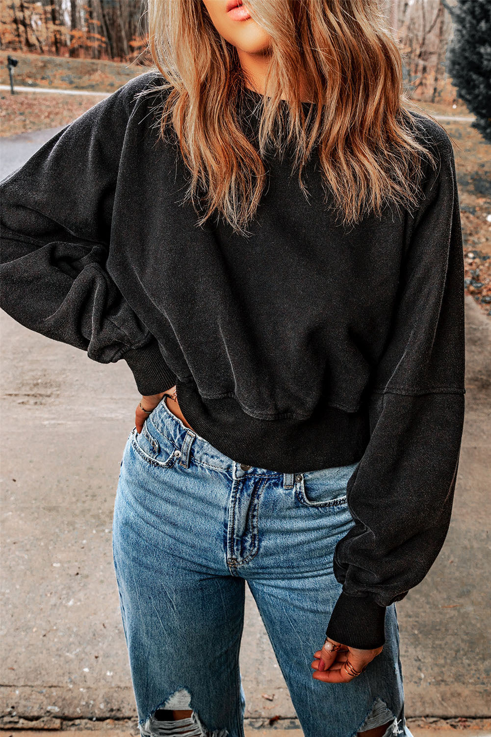 Black Acid Wash V-shape Open Back Sweatshirt