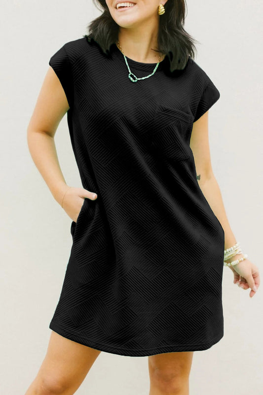 Black Textured Cap Sleeve T Shirt Dress