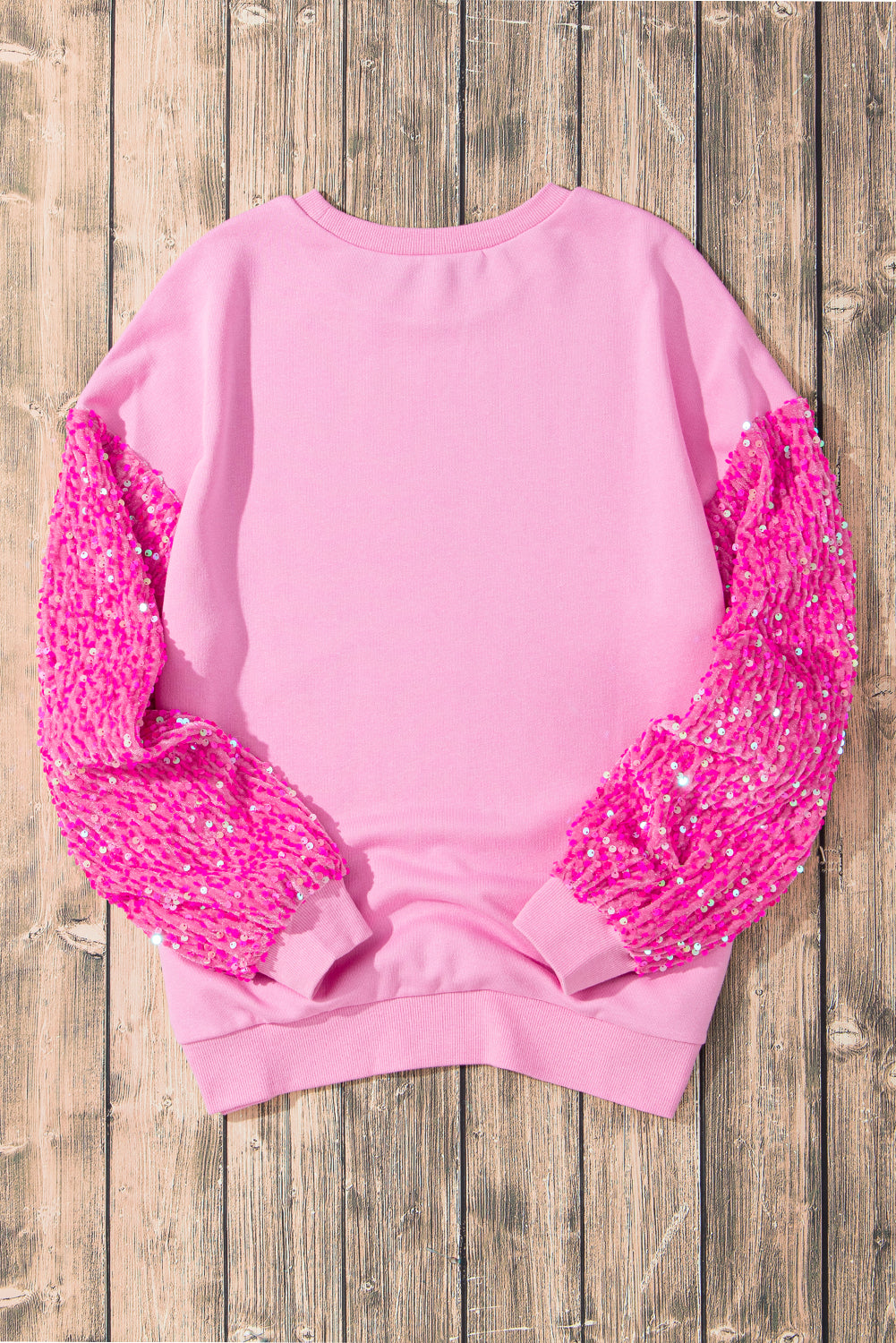 Pink Sequin Patchwork Long Sleeve Pullover Top