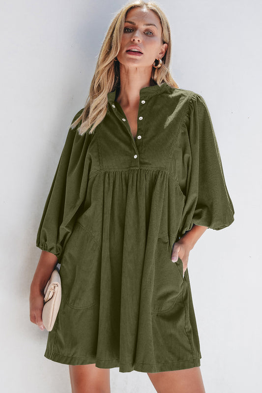 Vineyard Green Corduroy Snap Buttons Empire Waist Bracelet Sleeve Dress