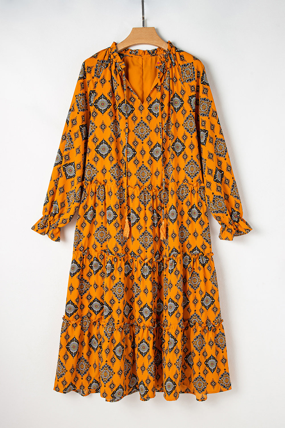 Orange Western Geometric Print Tiered Frilled Loose Fit Midi Dress