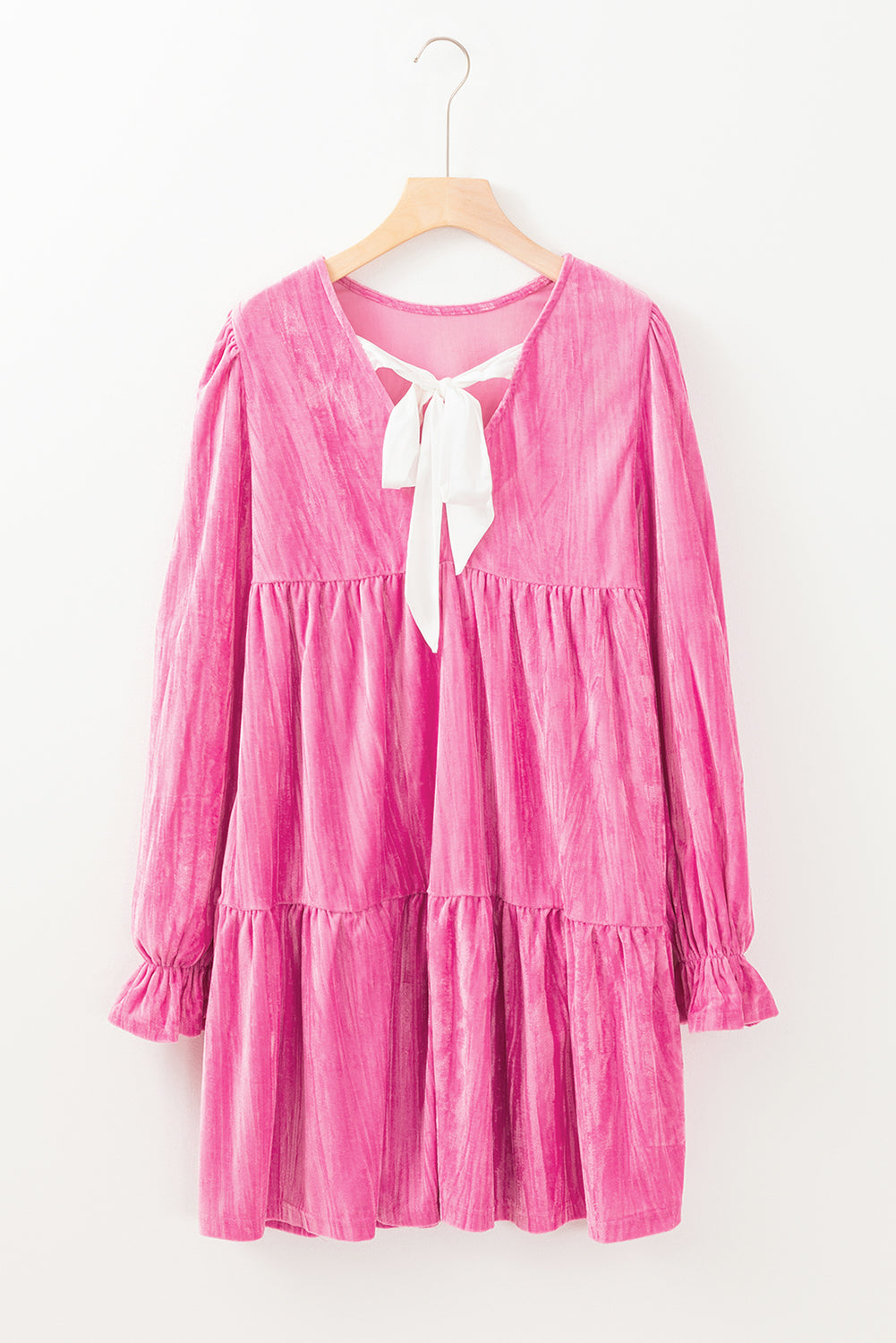 Strawberry Pink Flounce Sleeve Tiered Ruffled Velvet Mini Dress