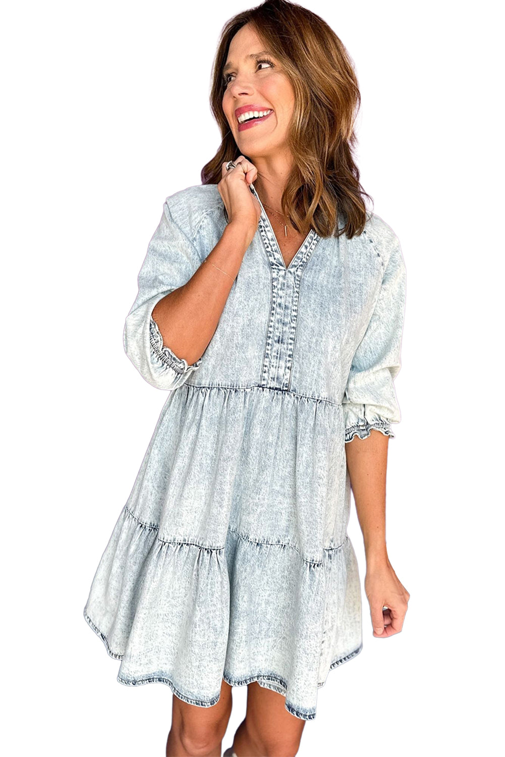 Dusk Blue Acid Wash Retro Half Sleeve Flared Denim Dress