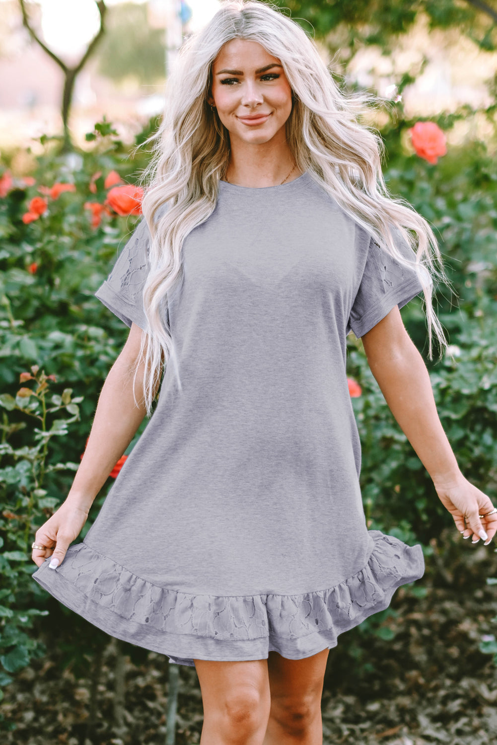 Light Grey Lace Floral Patchwork Ruffled T-shirt Dress