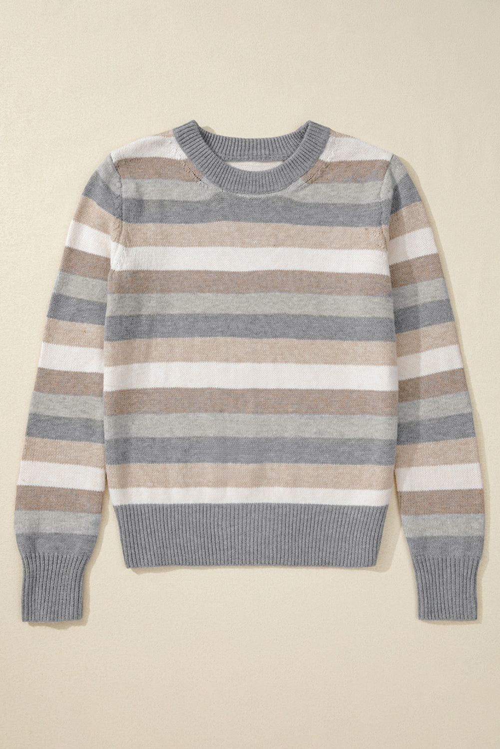 Gray Stripe Color Block Ribbed Edge Round Neck Sweater