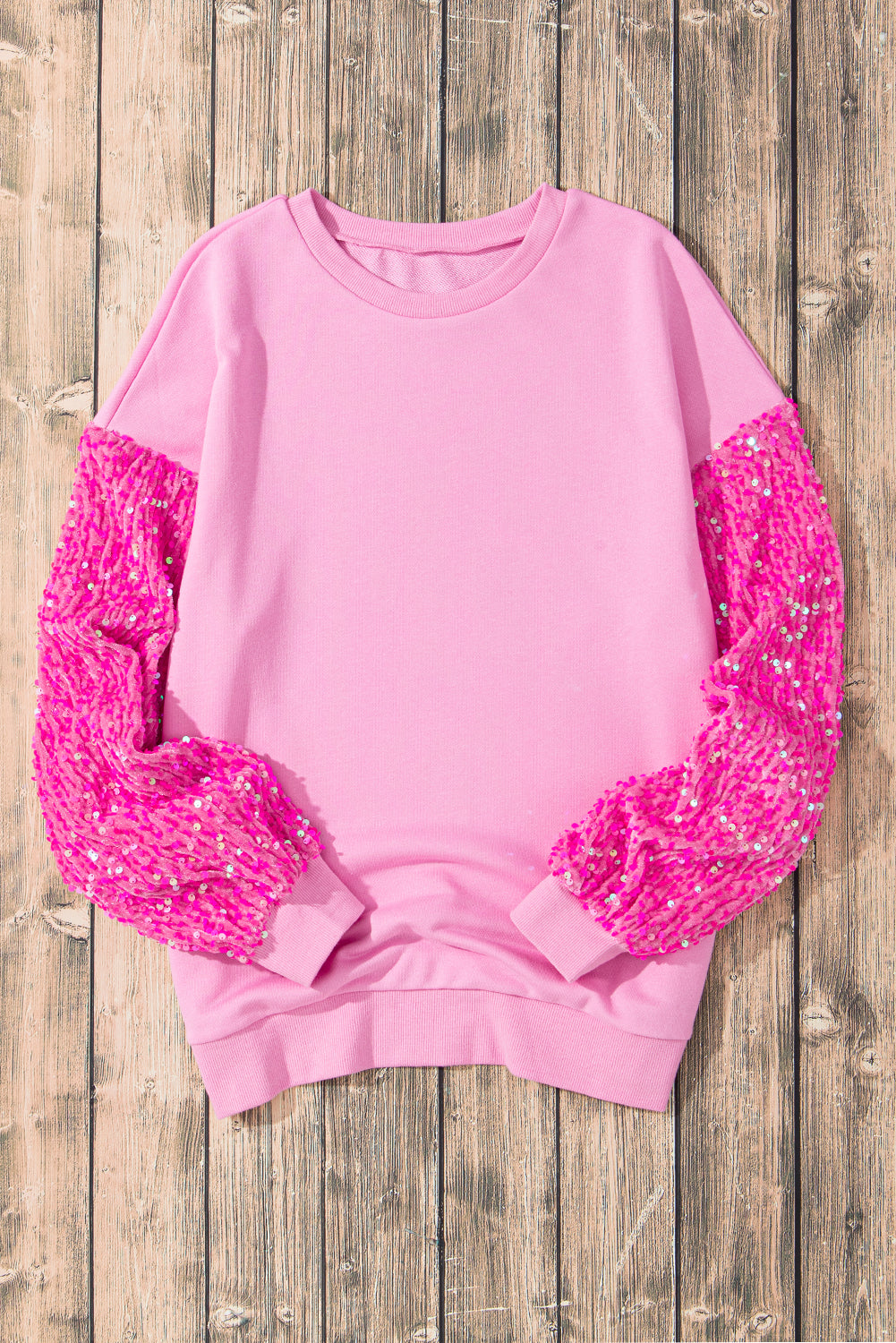 Pink Sequin Patchwork Long Sleeve Pullover Top