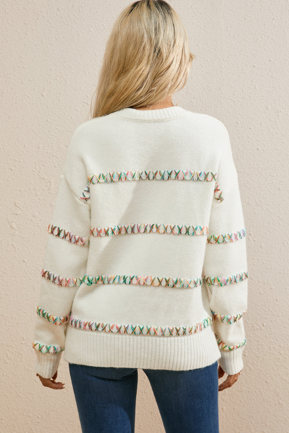 White Colorful Crossed Stitch Drop Shoulder Sweater