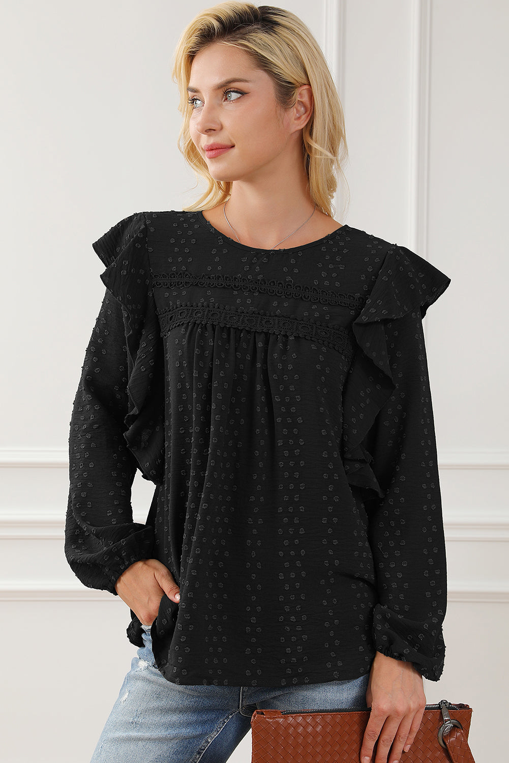 Black Lace Eyelet Ruffle Shoulder Long Sleeve Blouse