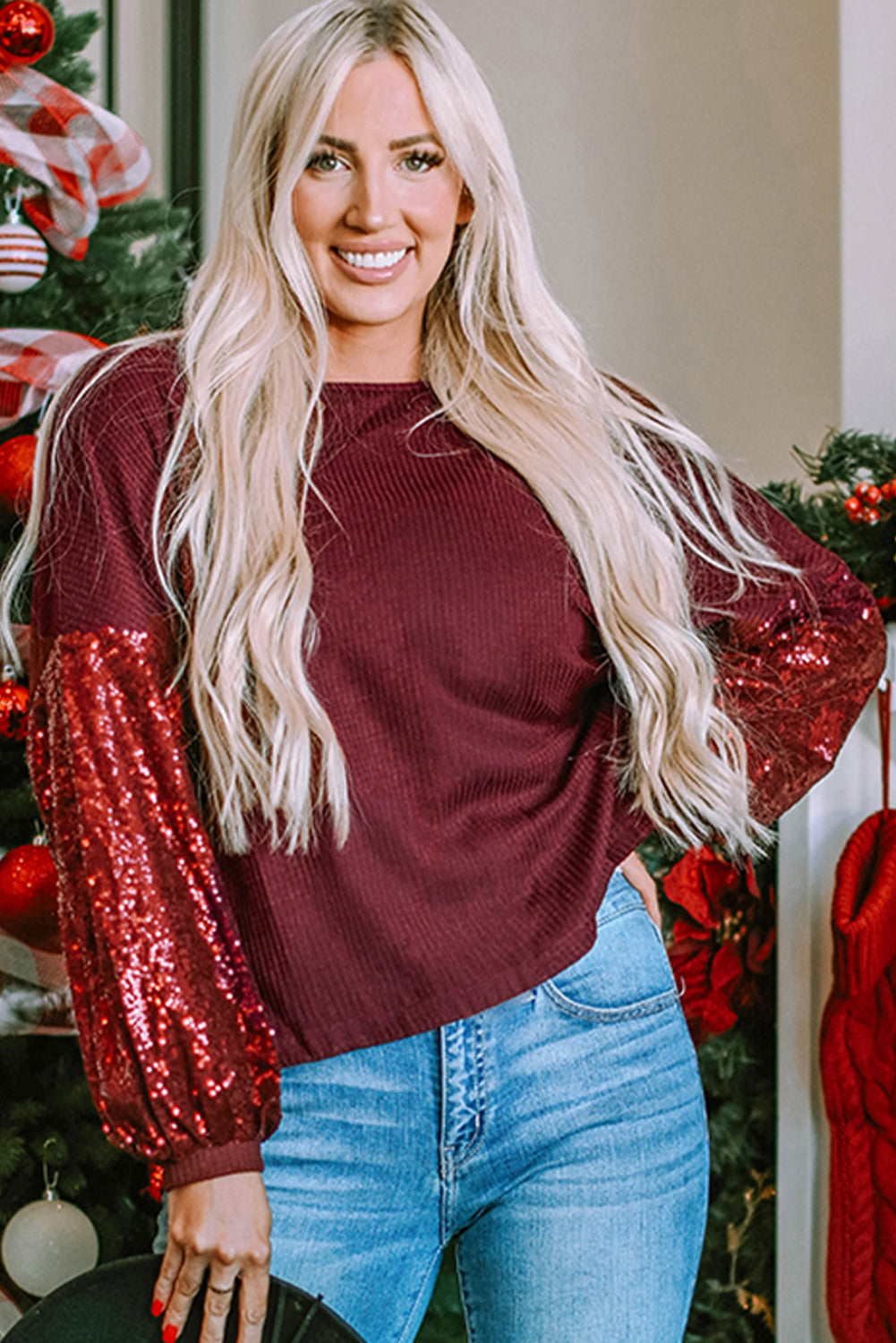 Burgundy Sequin Patchwork Sleeve Open Back Waffle Knit Top