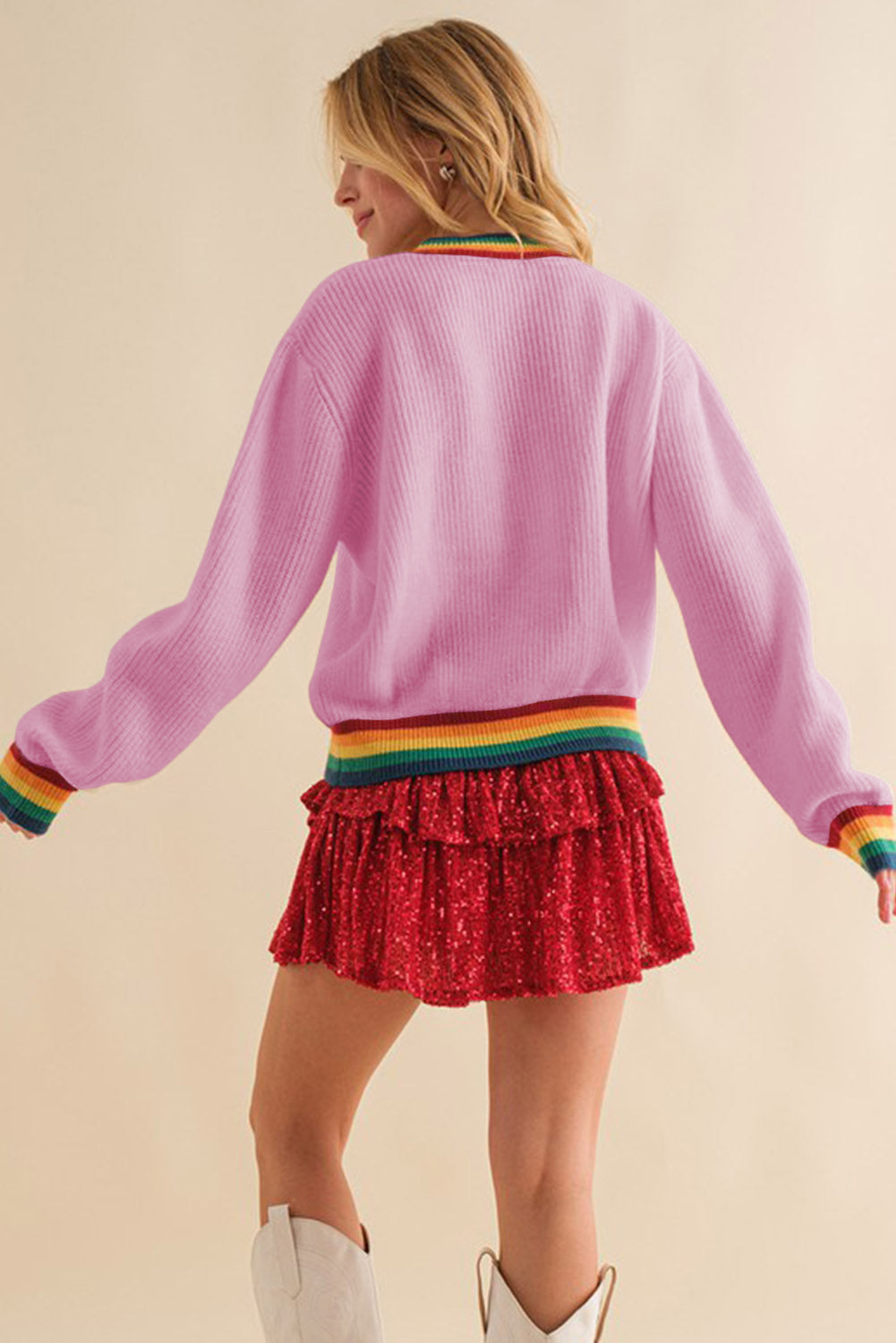 Bonbon Merry & Bright Colorful Stripes Trim Sweater