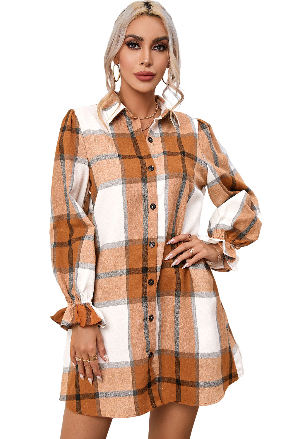 Khaki Plaid Pattern Collared Neck Ruffled Sleeve Shirt Dress