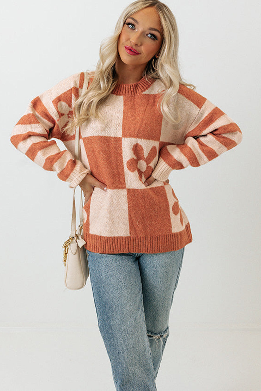 Brown Checkered Floral Print Striped Sleeve Sweater