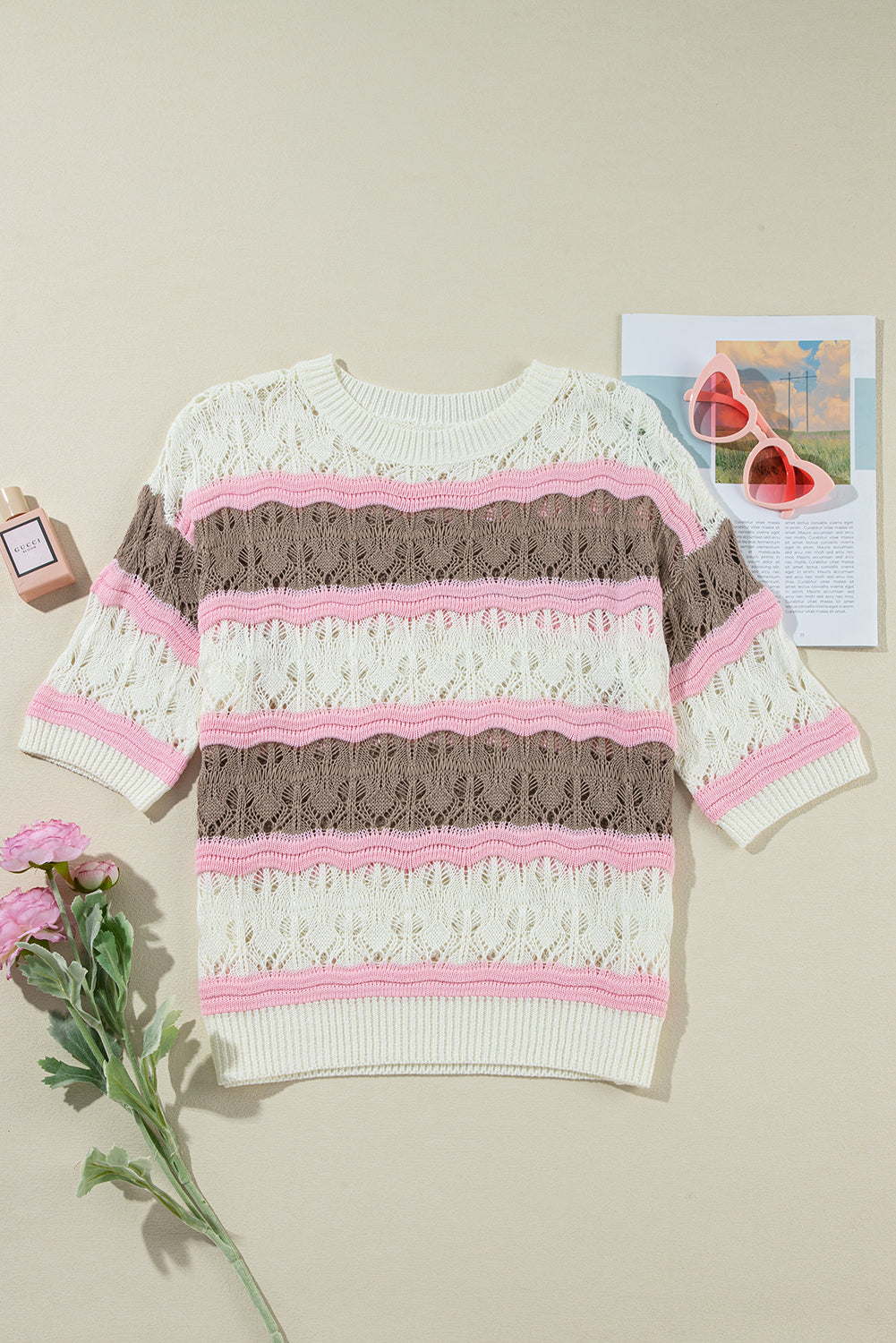 Brown Stripe Color Block Hollow Out Crochet Half Sleeve Sweater