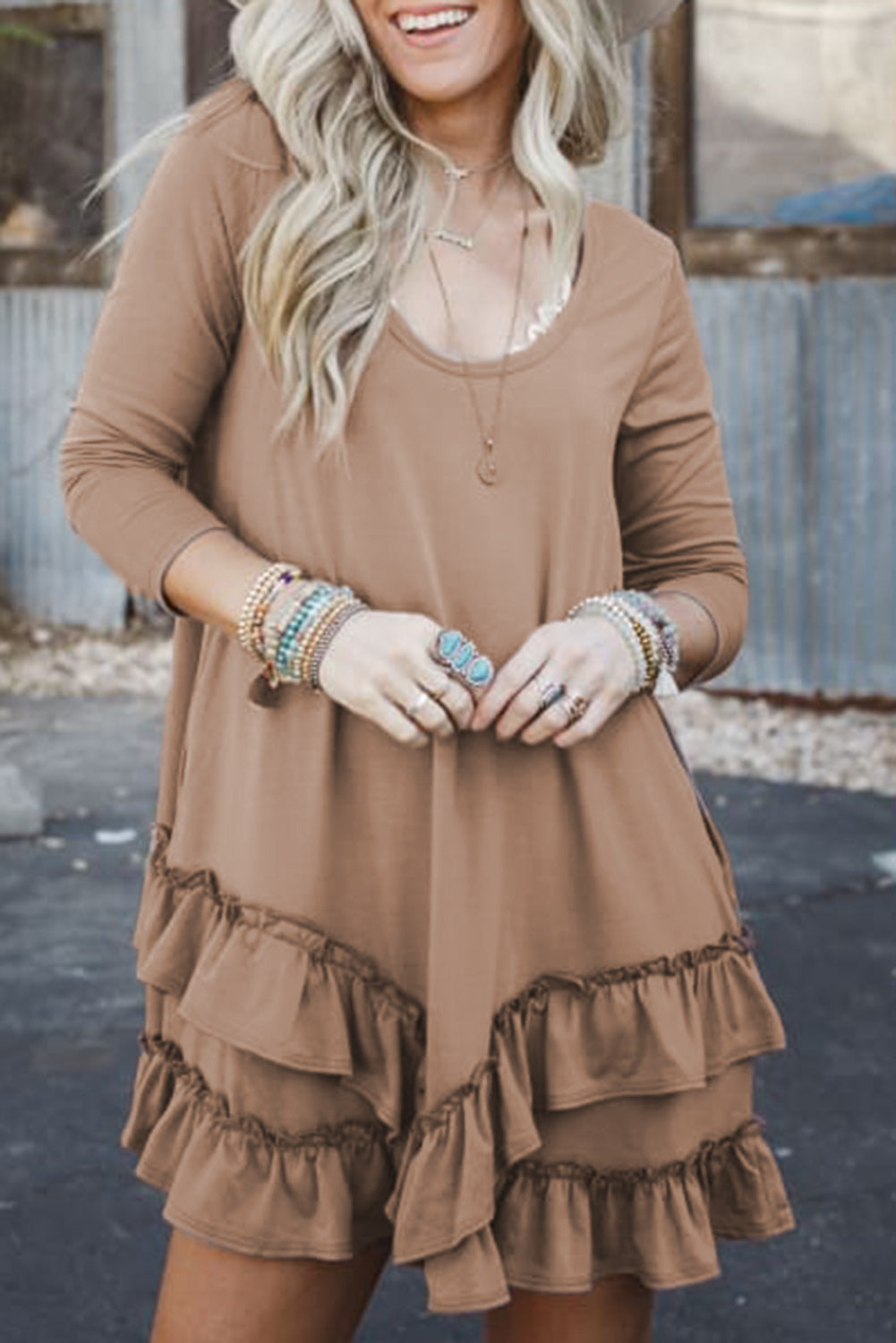 Goat Scoop Neck Tiered Ruffled Hem Long Sleeve Mini Dress