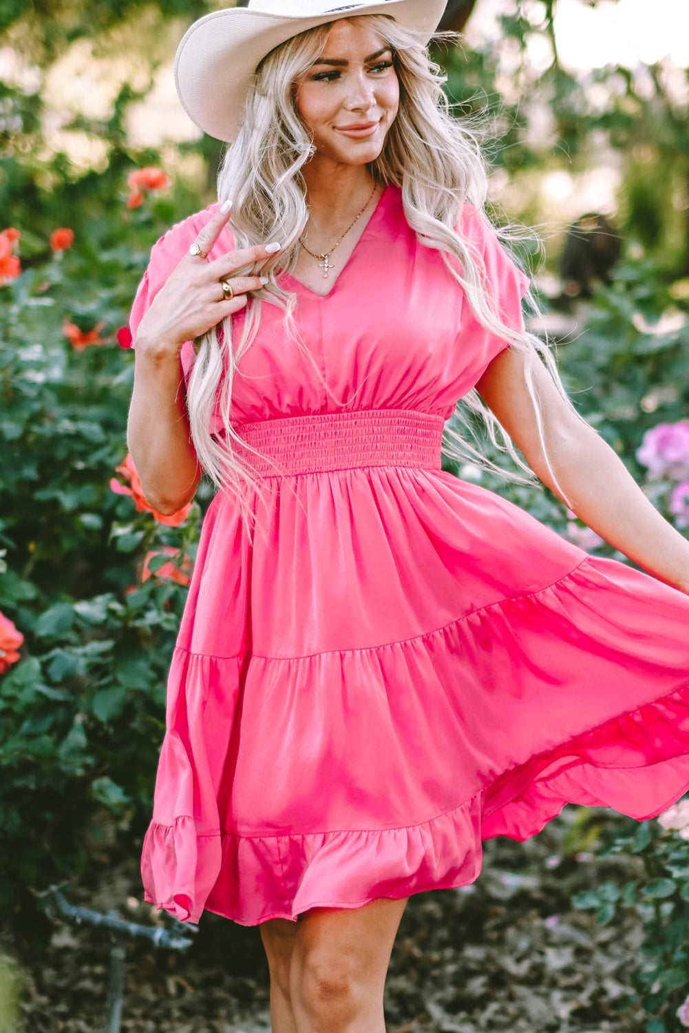 Strawberry Pink Ruched Sleeve V Neck Smock Waist Tiered Ruffled Dress