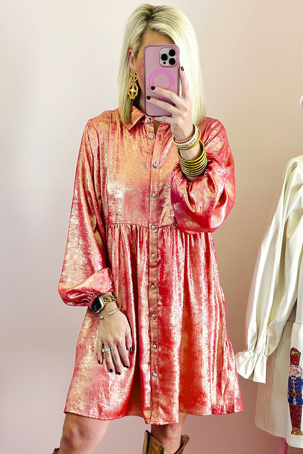 Peach Blossom Metallic Sheen Puff Sleeve Button Up Mini Shirt Dress