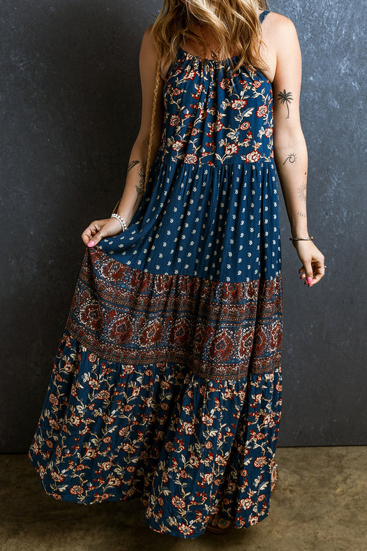 Blue Boho Floral Splicing Sleeveless Maxi Dress