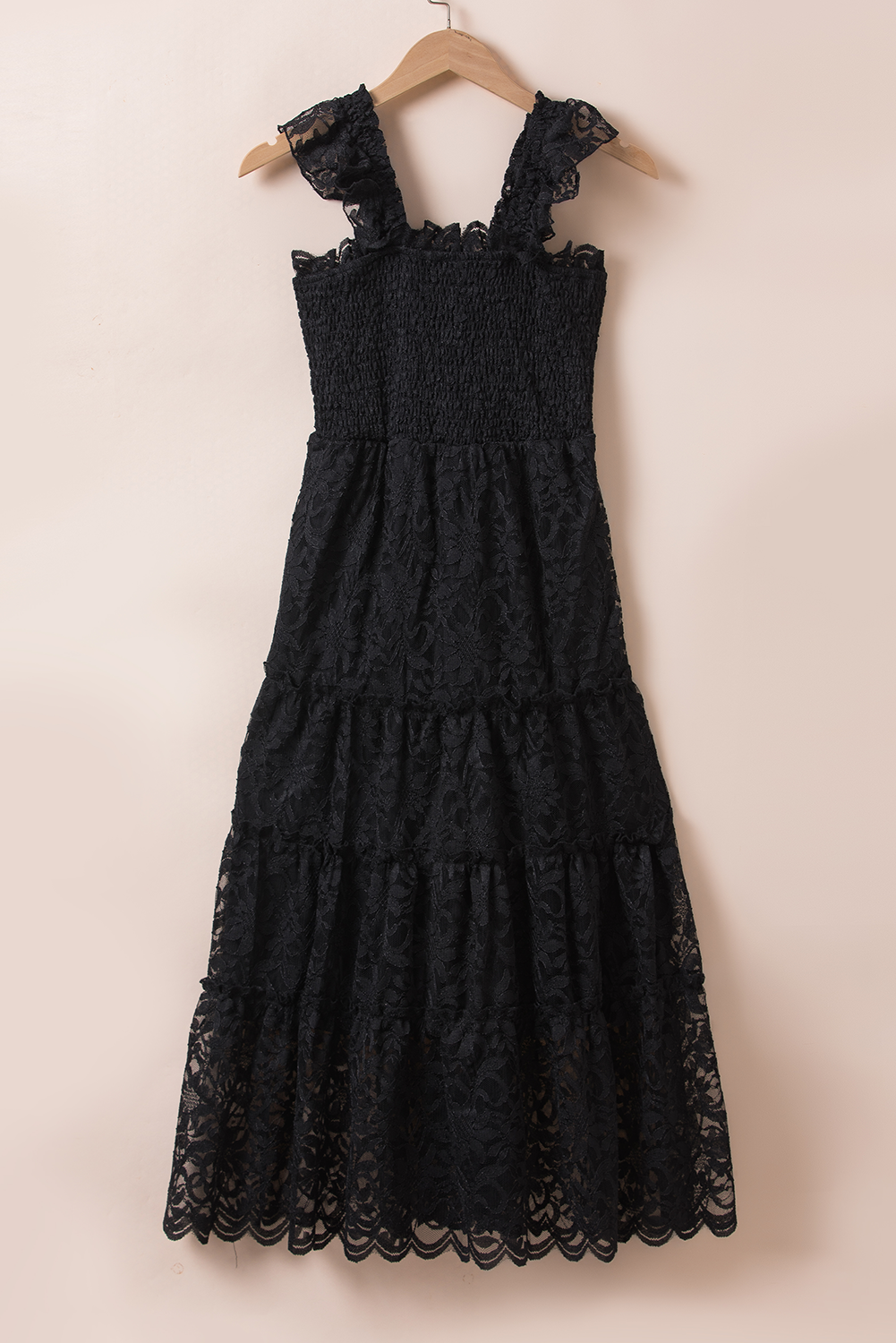 Black Lace Smocked Bodice Sleeveless Midi Dress